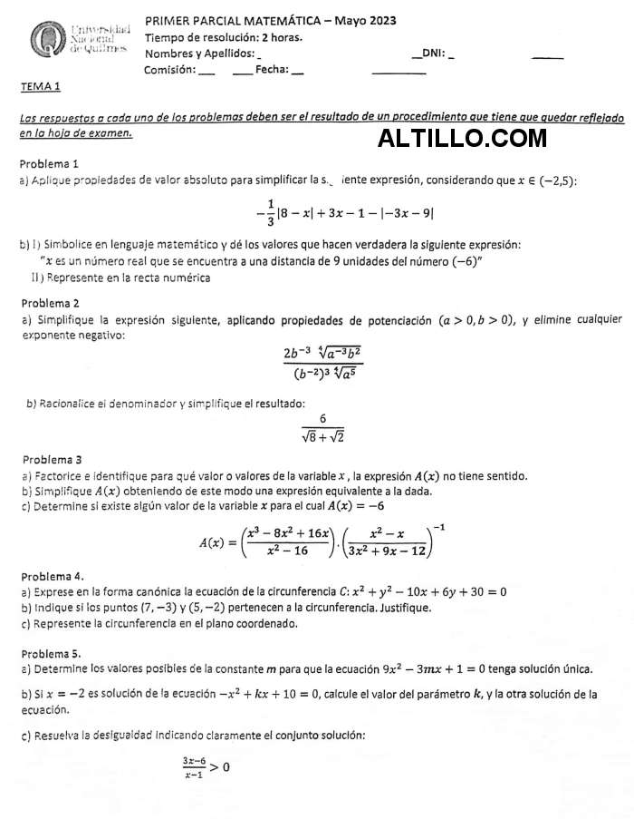 1º Parcial B | Matemática (2023) | UNQ